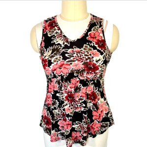 Tencole NWT Women's XL Tank Top Pink Black Floral V-Neck Empire Waist Flared Hem